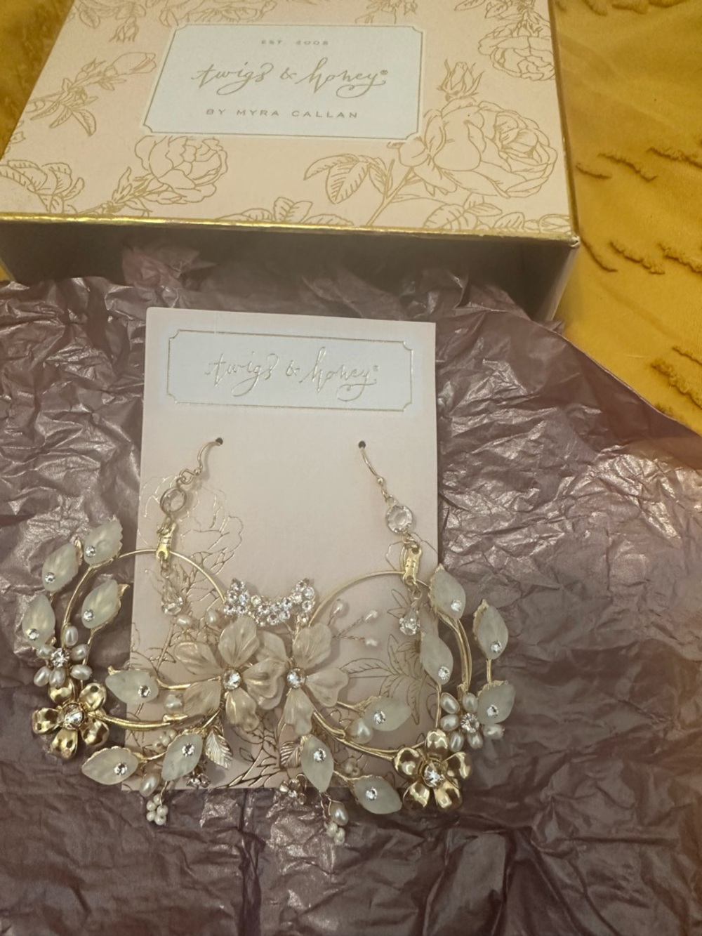 Twigz & Honey Gold Floral Hoop Earrings with Ivory Accents